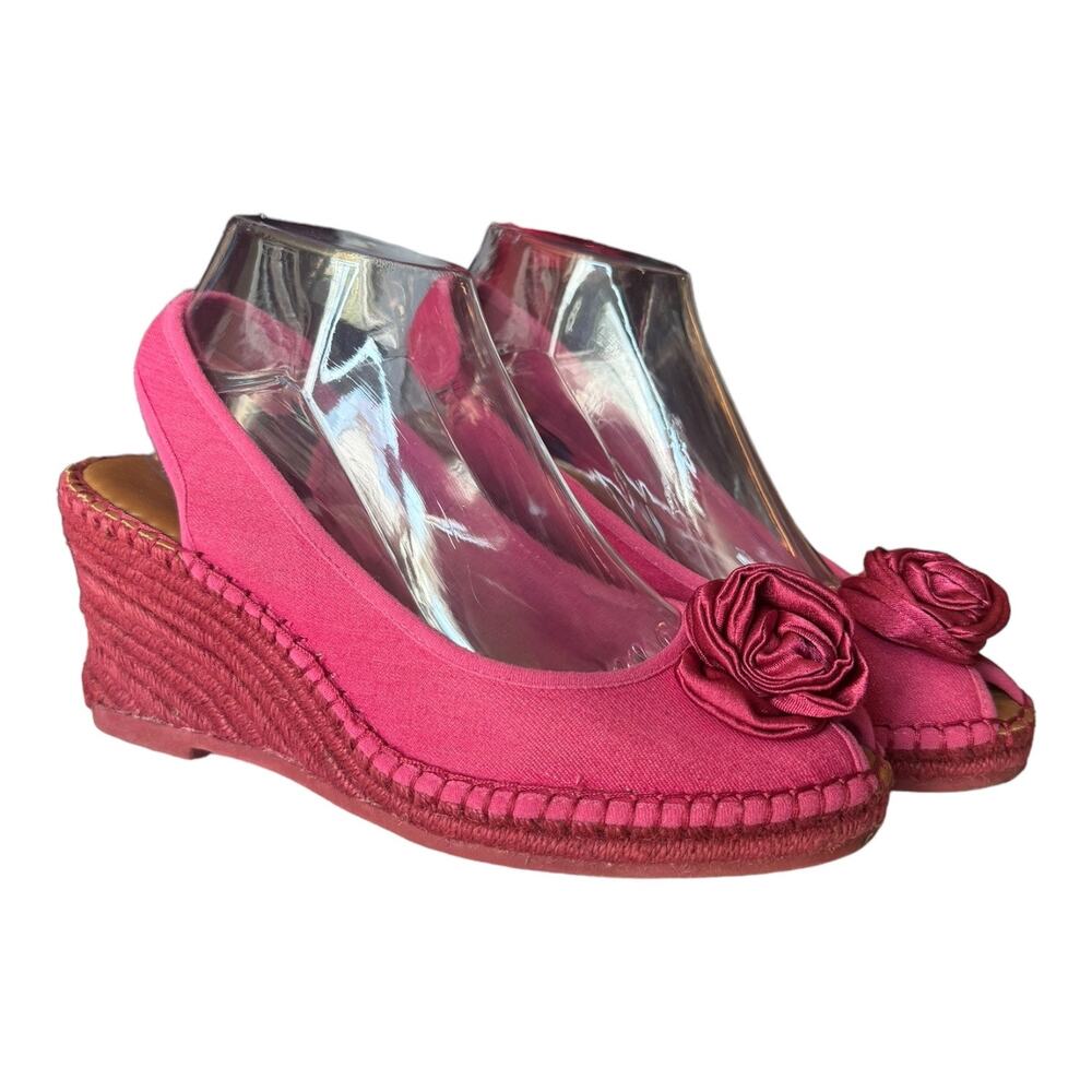 Libby Edelman Curtsy Pink Denim Rosette Wedge peep toe Espadrille size 8.5 - Picture 5 of 16